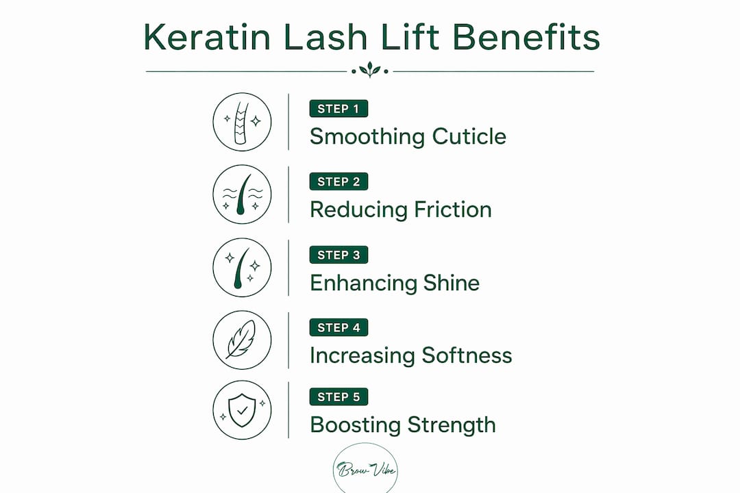 Infographic outlining keratin lash lift benefits in steps