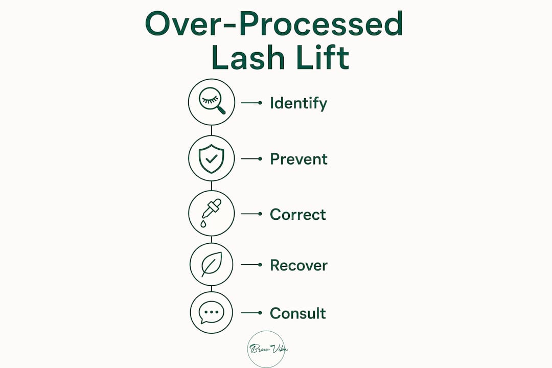 Infographic illustrating steps for handling over-processed lash lifts