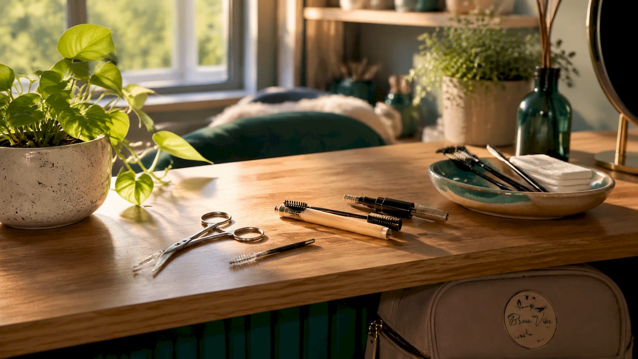 Close-up of eyebrow grooming tools on countertop