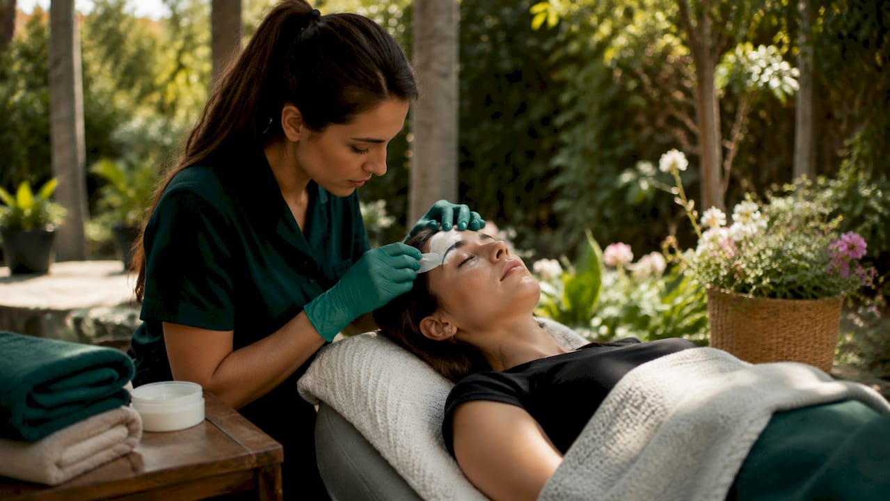 Close-up of hands placing silicone rod on lashes