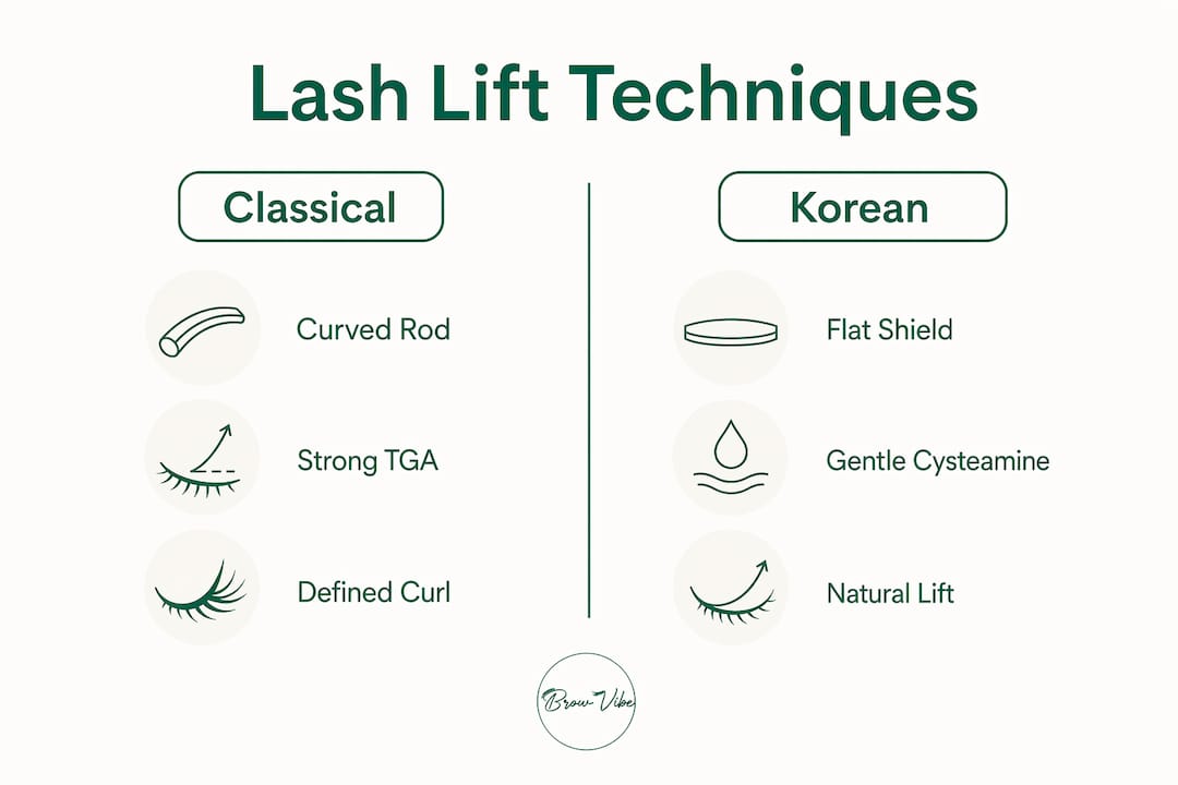 Infographic comparing classical and Korean lash lift techniques