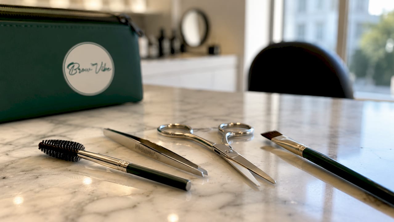 Close-up of eyebrow grooming tools flat lay