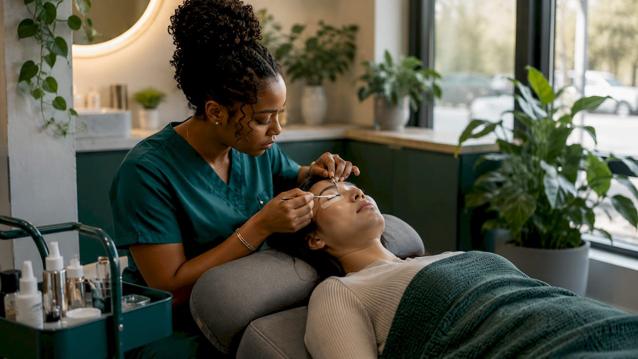 Technician applying Korean lash lift with flat shield