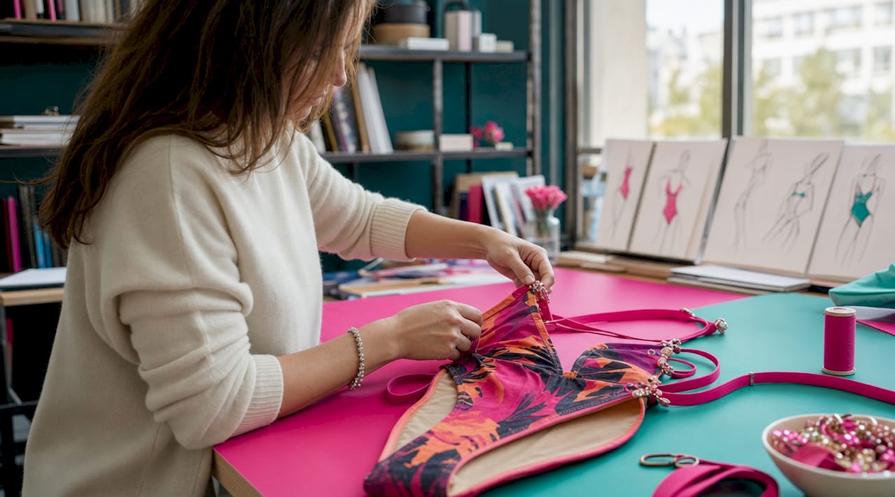 Designer adjusting swimwear hardware in studio