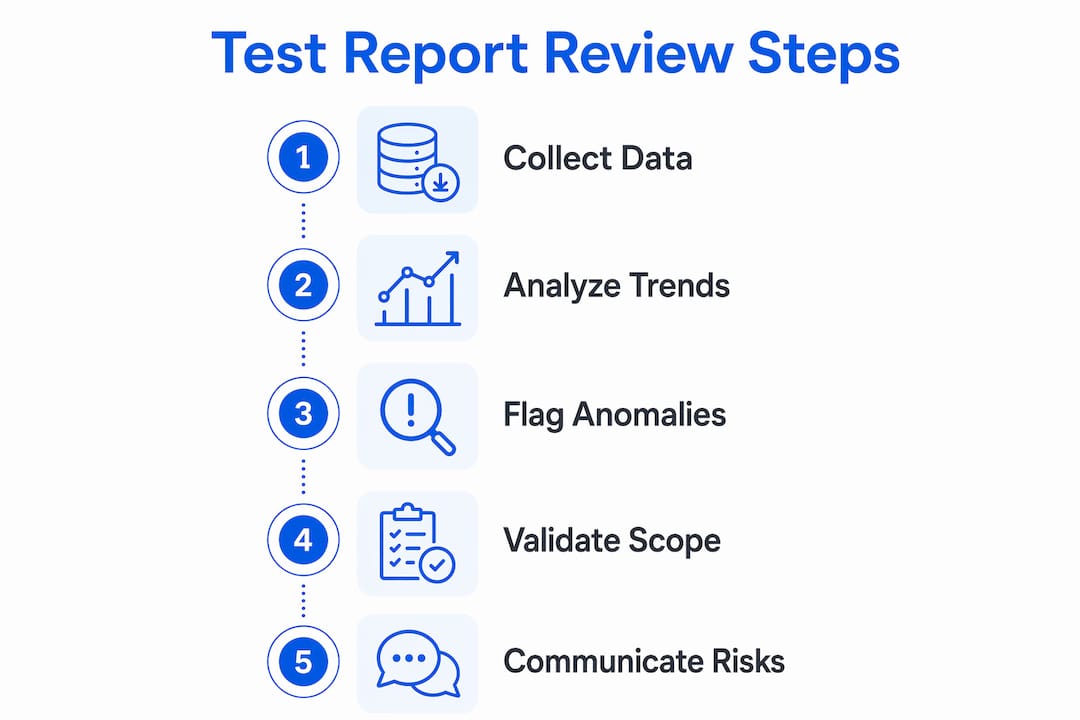 Infographic illustrating steps in QA test report review process