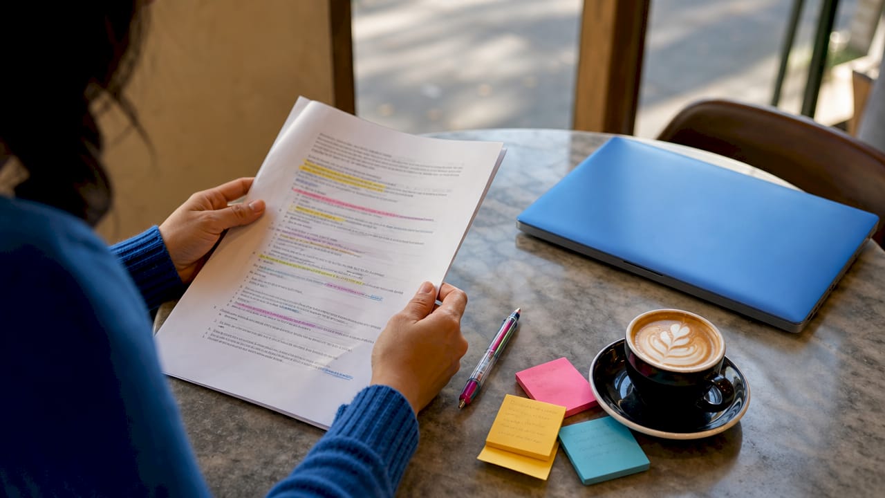 Close-up of hands reviewing software requirements document