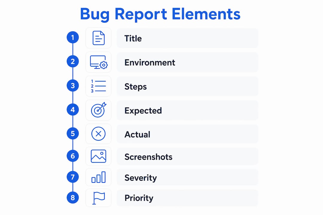 Infographic illustrating essential bug report elements