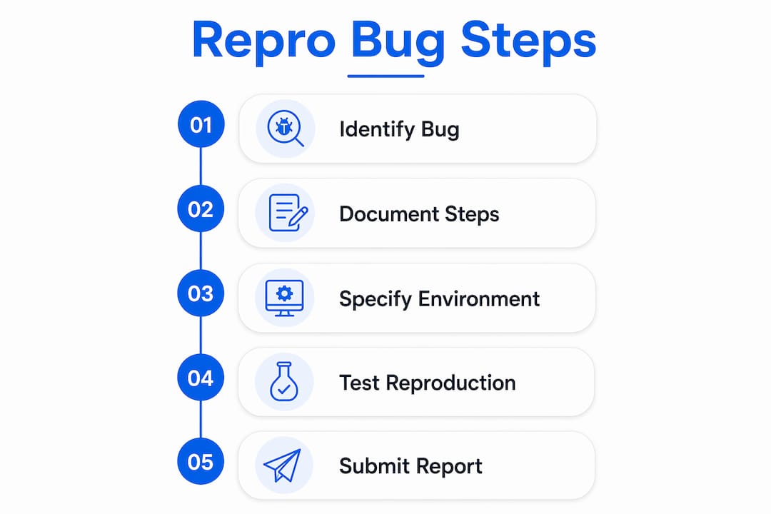 Infographic illustrating steps for reporting reproducible bugs