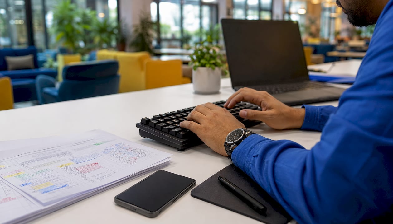 Close-up hands inputting UAT defects on keyboard
