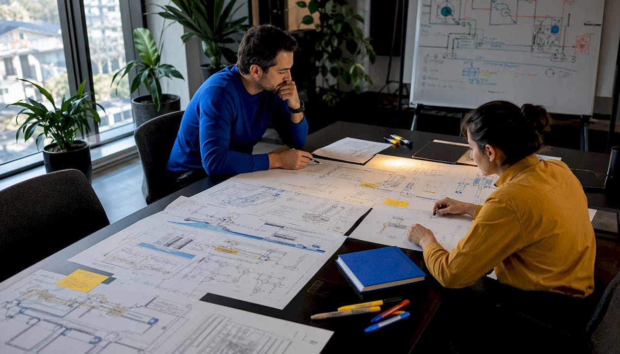 Overhead view of technical pipeline documents on table