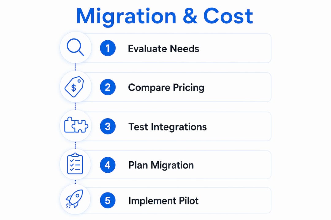 Infographic illustrating migration steps and pricing