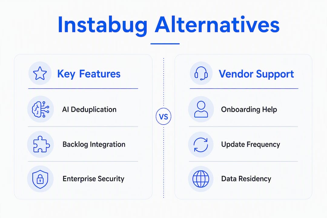 Infographic comparing Instabug alternatives features and support