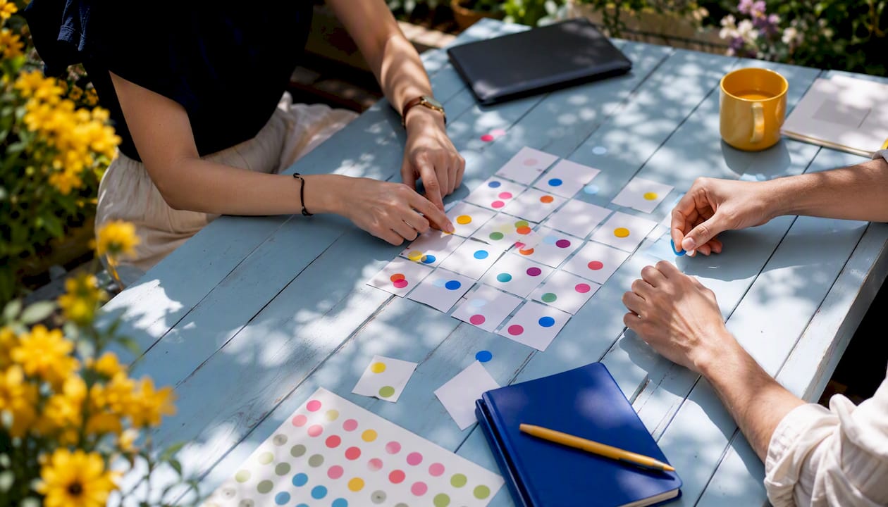 Hands arranging sticky dots on workspace table