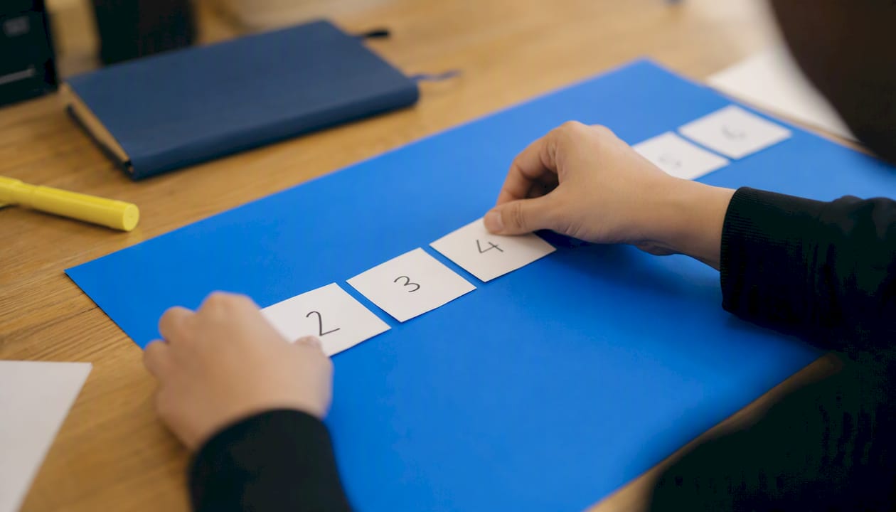 Hands placing numbered markers on project timeline