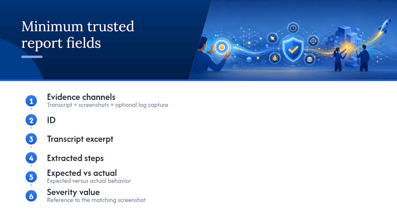 Diagram of structured bug report fields and evidence channels