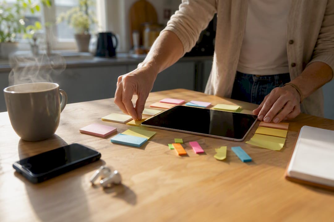 Hands organizing checklist notes and tablet