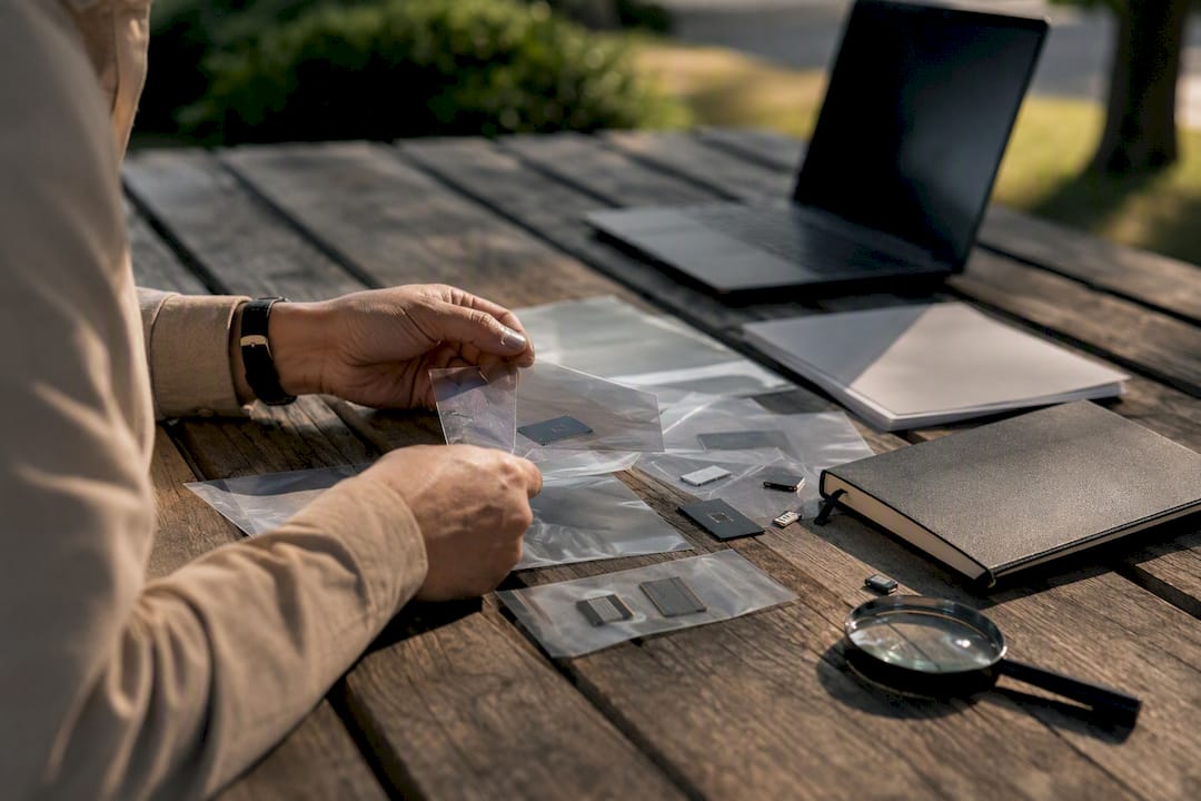 Hands arranging incident evidence on table