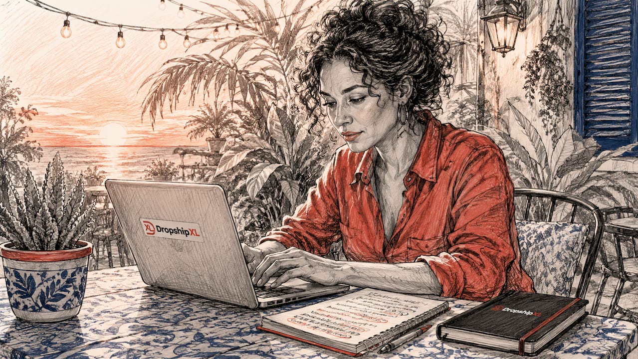Woman typing Meta ad copy at home desk
