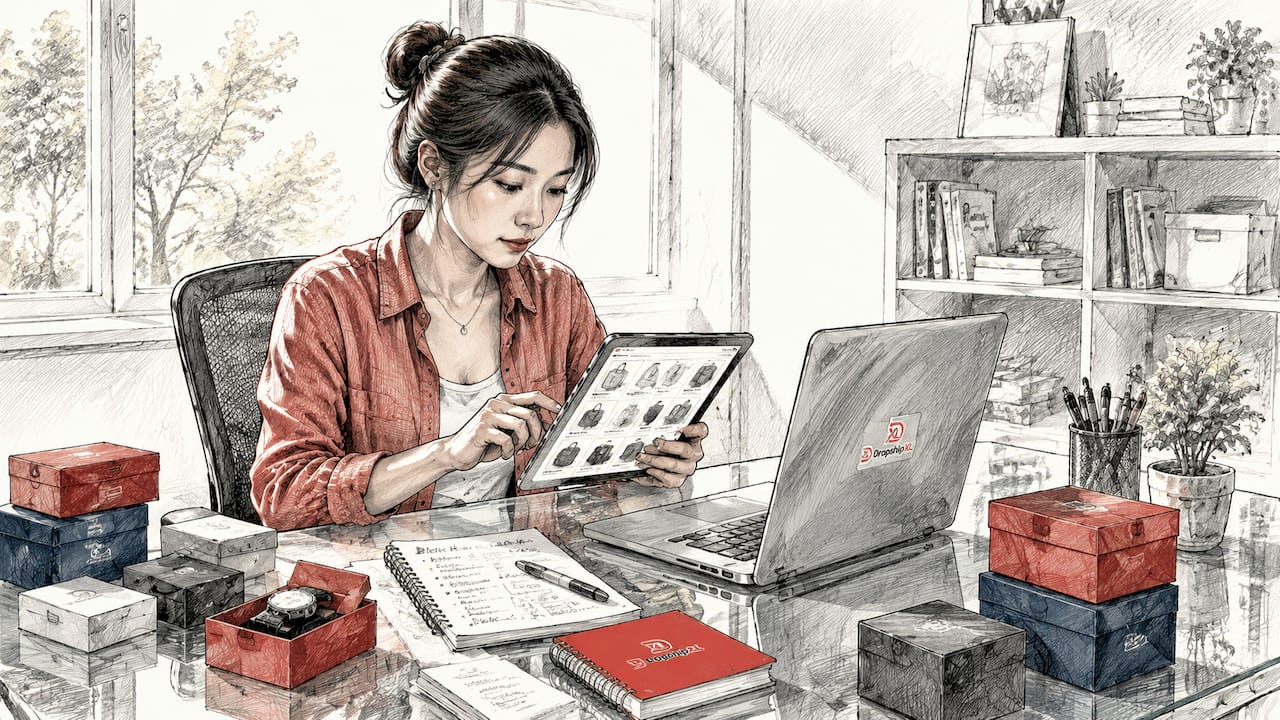 Woman researching dropshipping products at home desk
