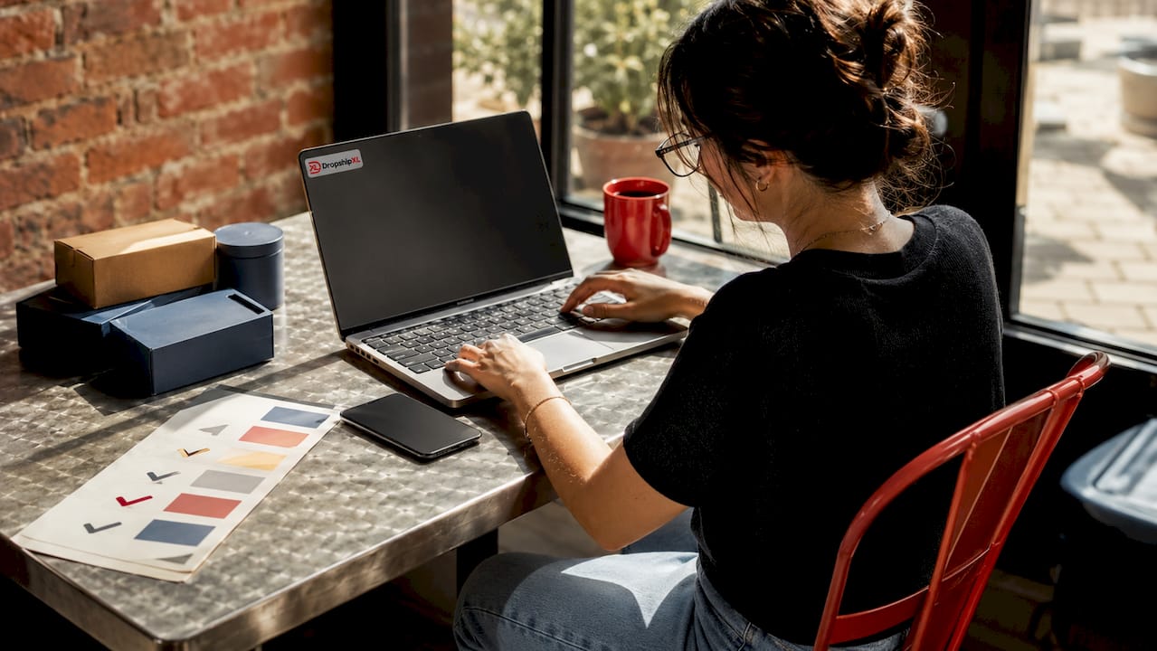 Entrepreneur managing dropshipping orders at home desk