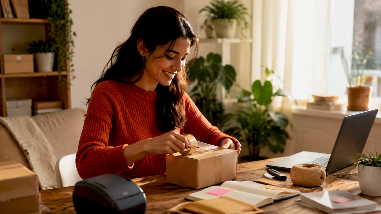 Woman packing dropship parcel in home office