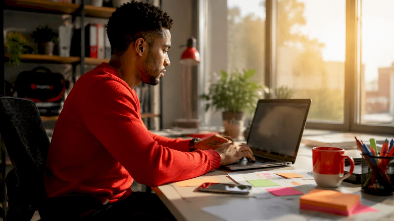 Entrepreneur optimizing ad campaign at home desk