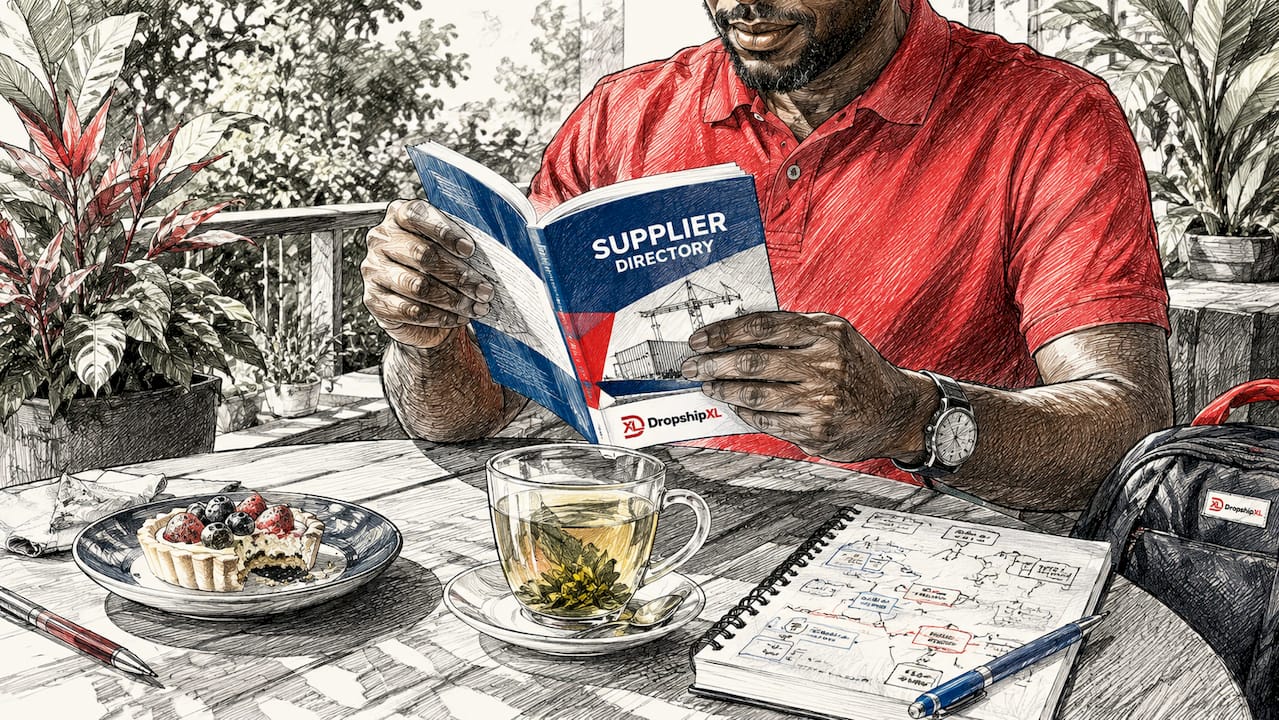 Hands holding supplier directory booklet at cafe table