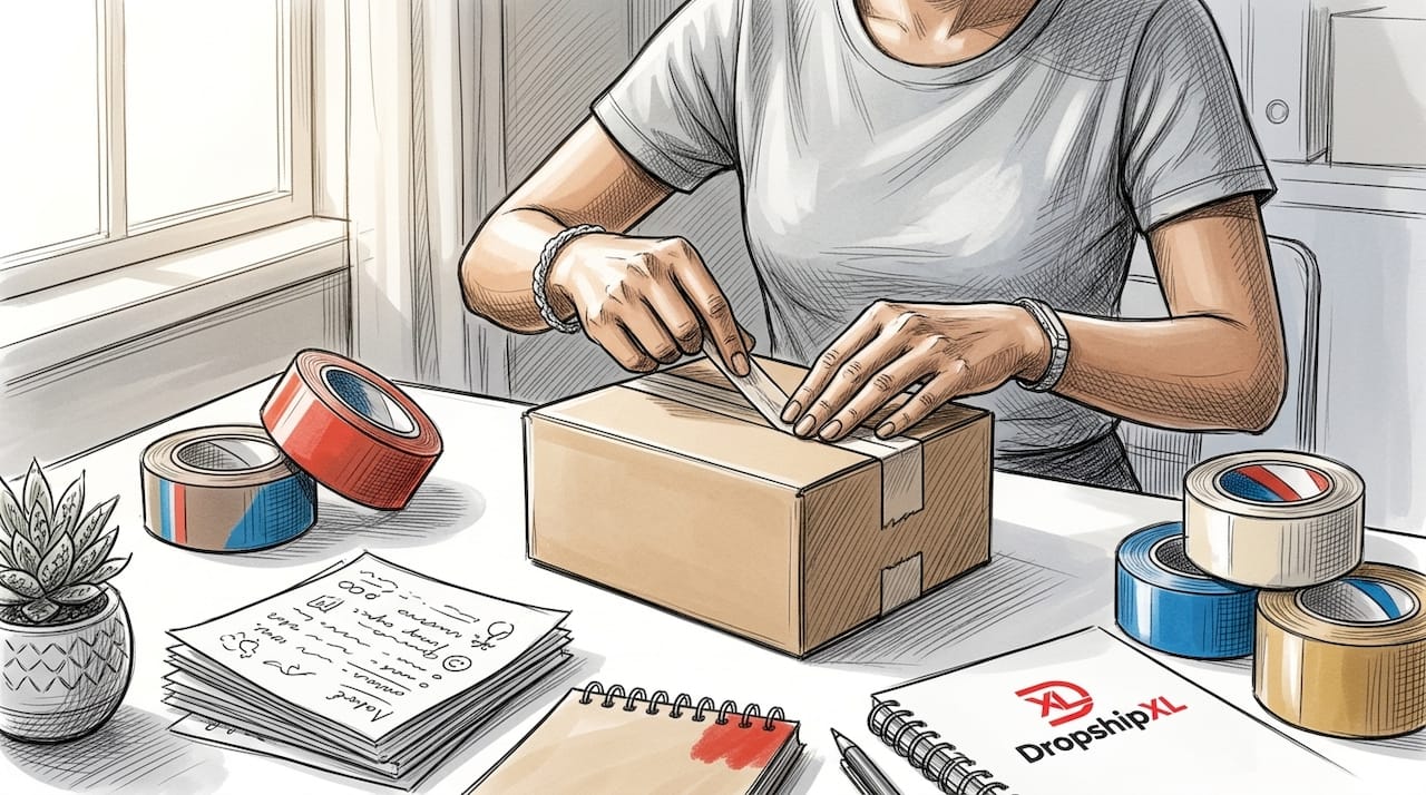 Hands packing dropshipping order box