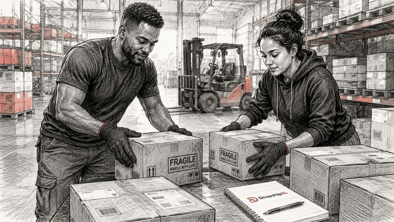 Warehouse workers preparing dropshipping shipments