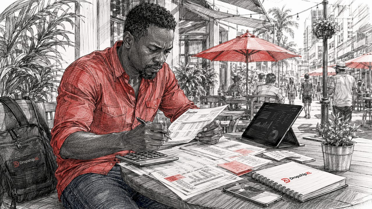Hands calculating dropshipping startup costs