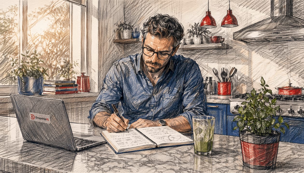 Man researching focused market segment at coworking space