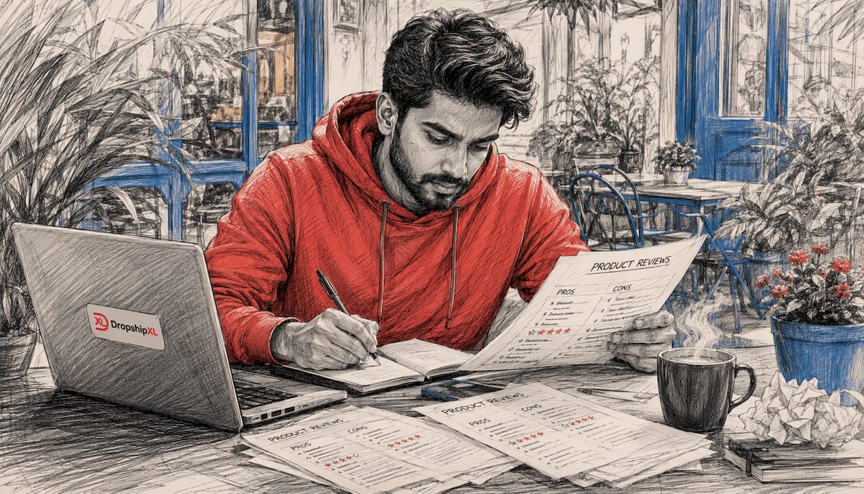 Hands scrolling product reviews on smartphone at cafe