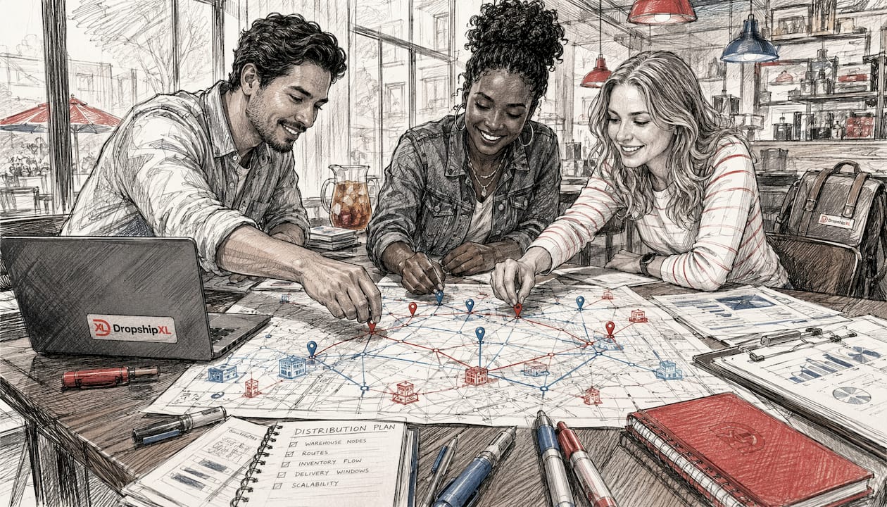 Hands planning ecommerce inventory distribution map