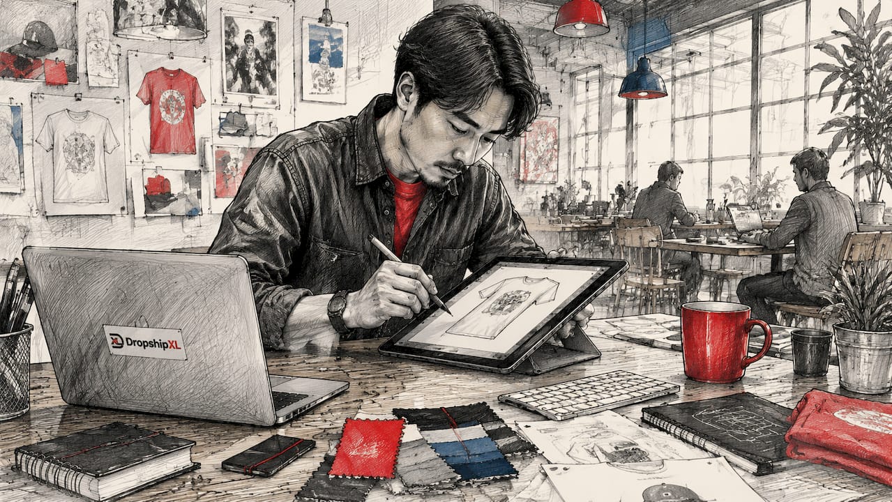 Designer creating POD apparel designs at workstation