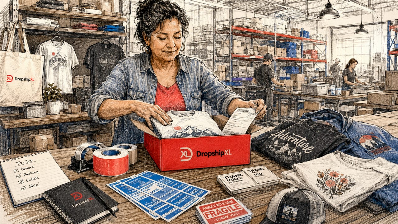 Warehouse packing custom POD orders for shipment