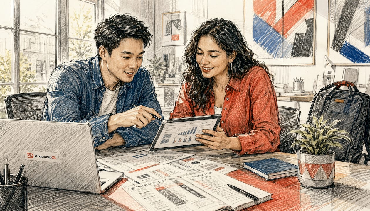 Two partners comparing baby dropship suppliers