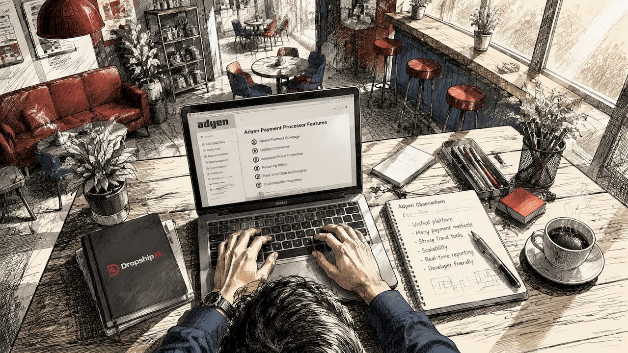 Close-up of hands researching Adyen features