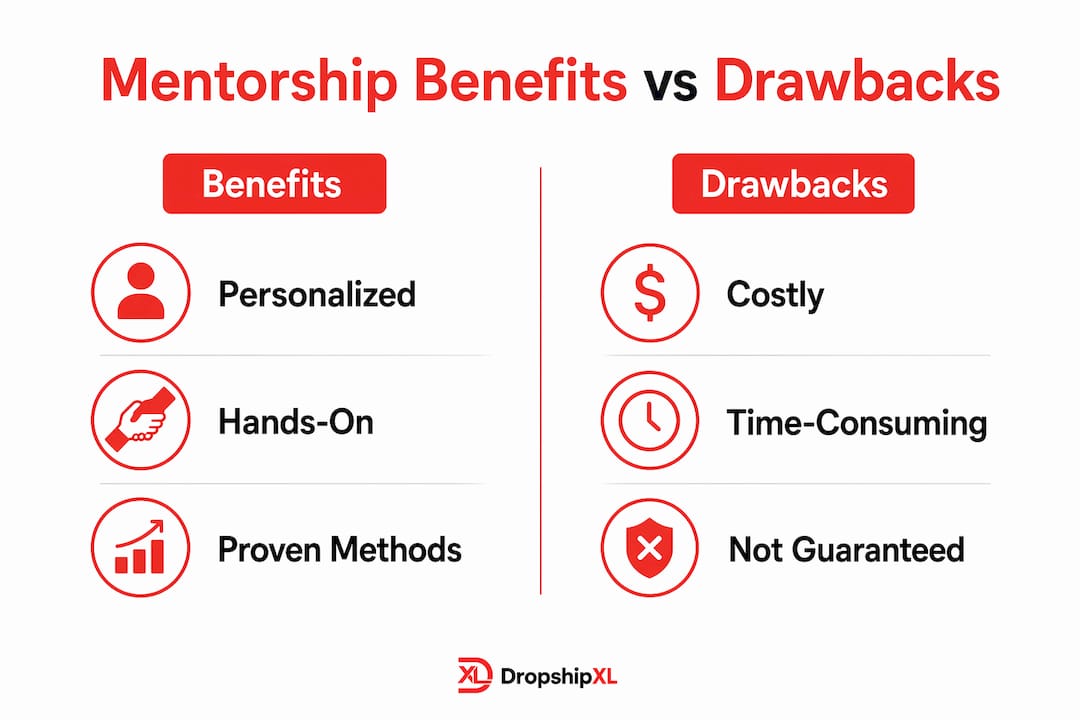 Infographic comparing dropshipping mentorship pros and cons