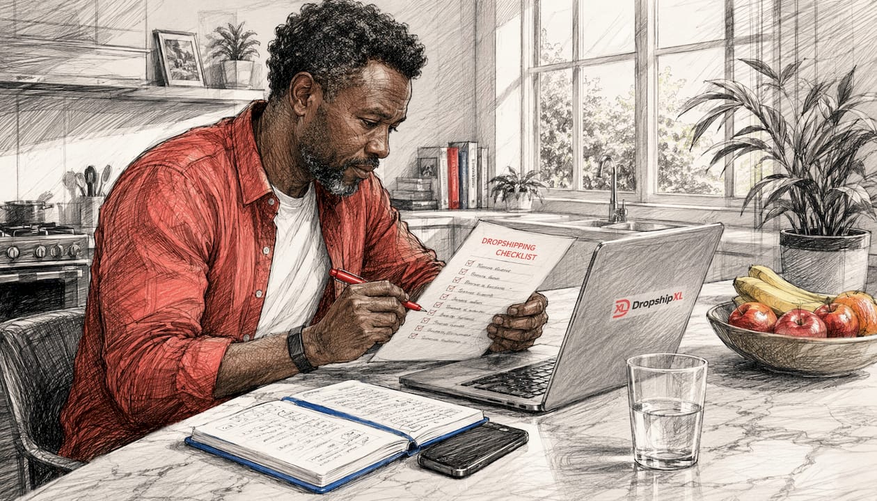 Hands checking dropshipping task list at desk