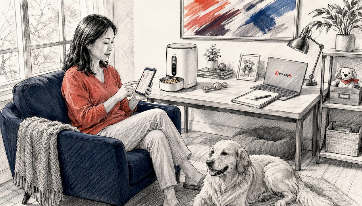 Woman adjusting smart pet feeder with dog