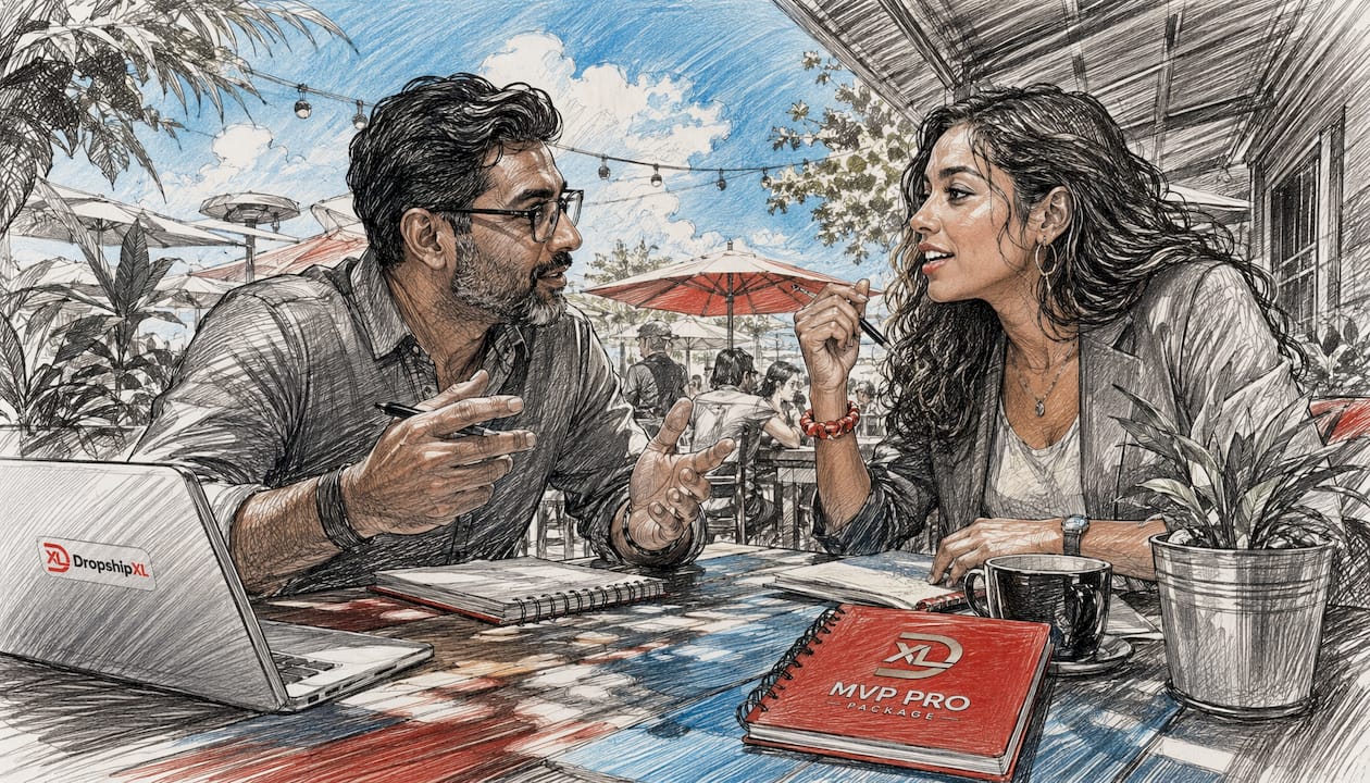 Pair discussing dropshipping marketing approach