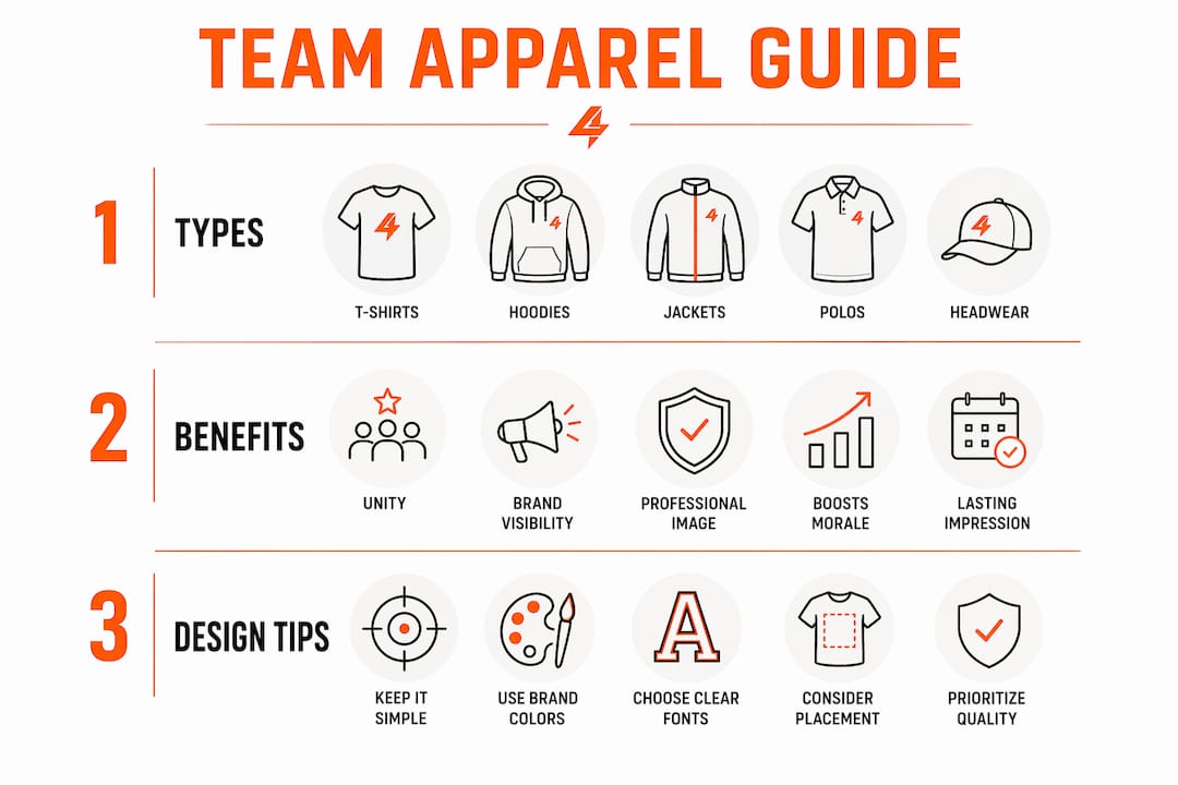 Infographic summarizing team apparel types benefits and design tips