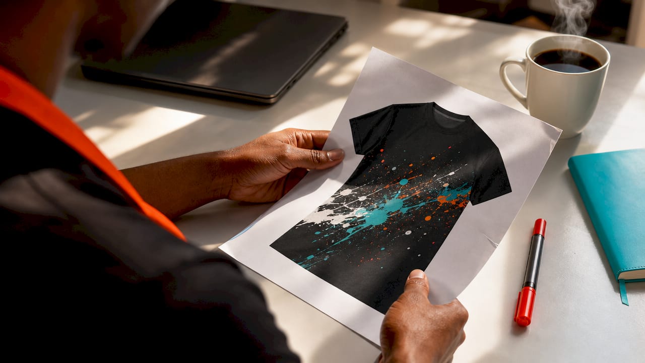 Hands holding art proof for apparel review