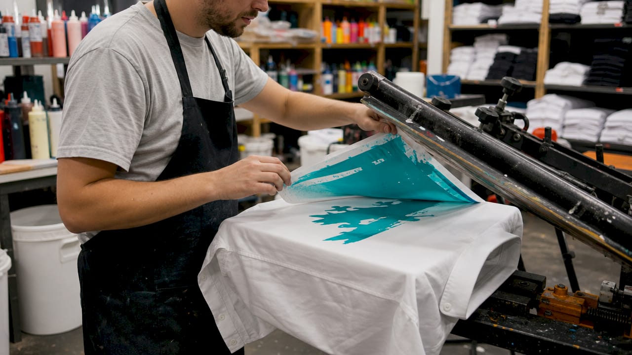 Print technician performing screen printing on shirt