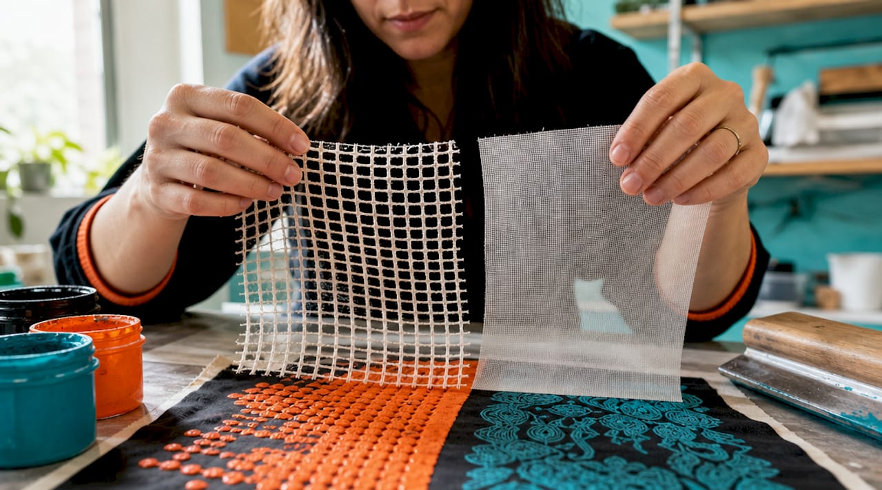 Hands comparing screen mesh and ink deposit
