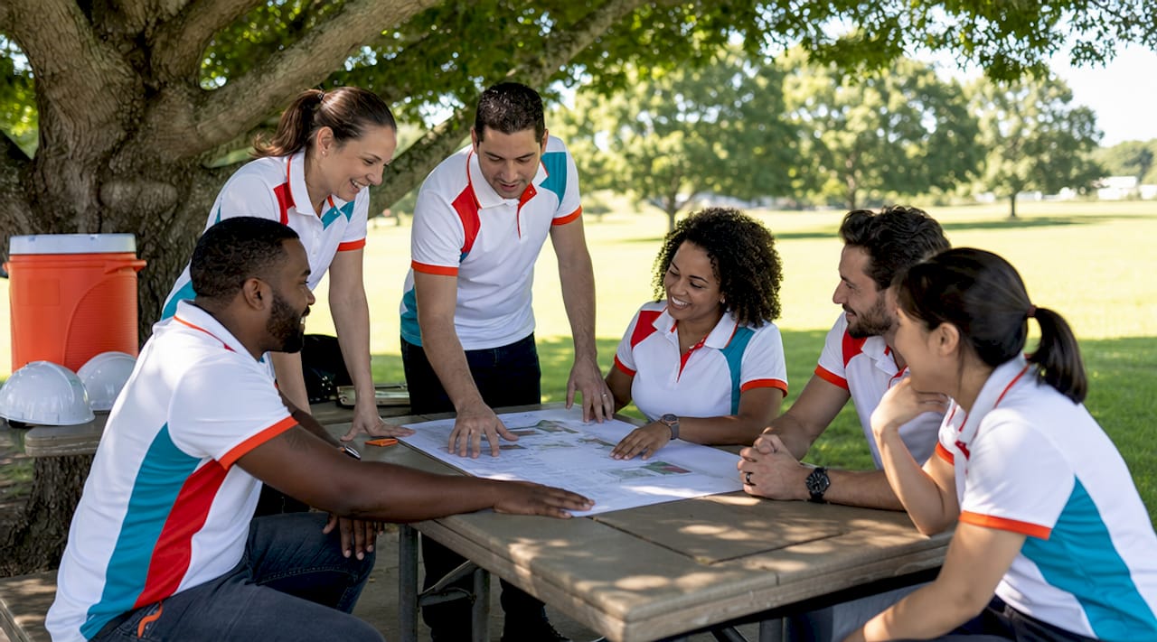 Team in branded polos collaborating at construction site