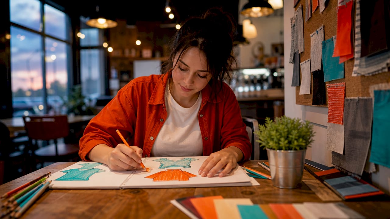 Designer sketching volunteer shirt layout at desk
