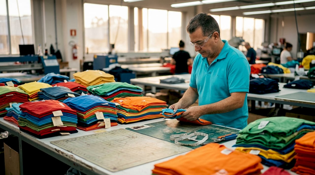 Garment worker sorting apparel batches by style and color