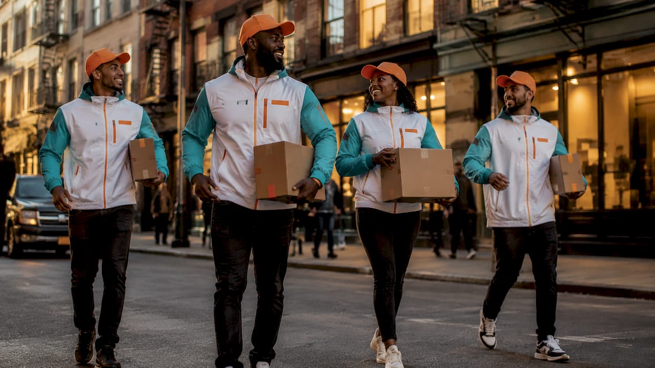 Delivery team in matching branded polos walking on city sidewalk