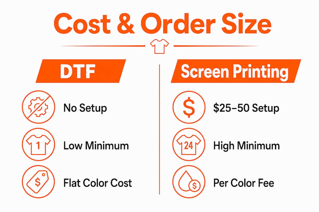 Infographic comparing cost and order size of DTF vs screen printing